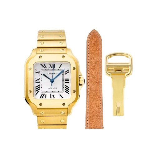 까르띠에 산토스 드 까르띠에 워치 미디엄 오토매틱 옐로우 골드 메탈 레더 브레이슬릿 [정품급]