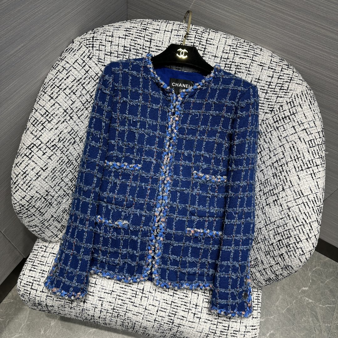 샤넬 블루 트위드 체크 자켓