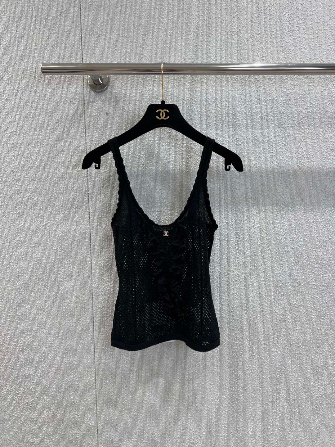 샤넬 레이스 트리밍 메시 니트 슬리브리스