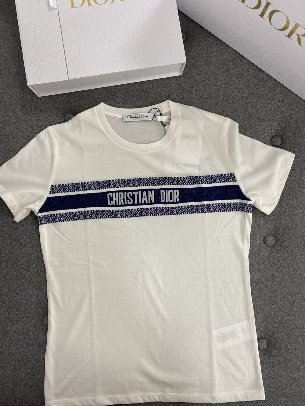 디올 에센셜 코튼 저지 티셔츠 화이트 네이비 블루