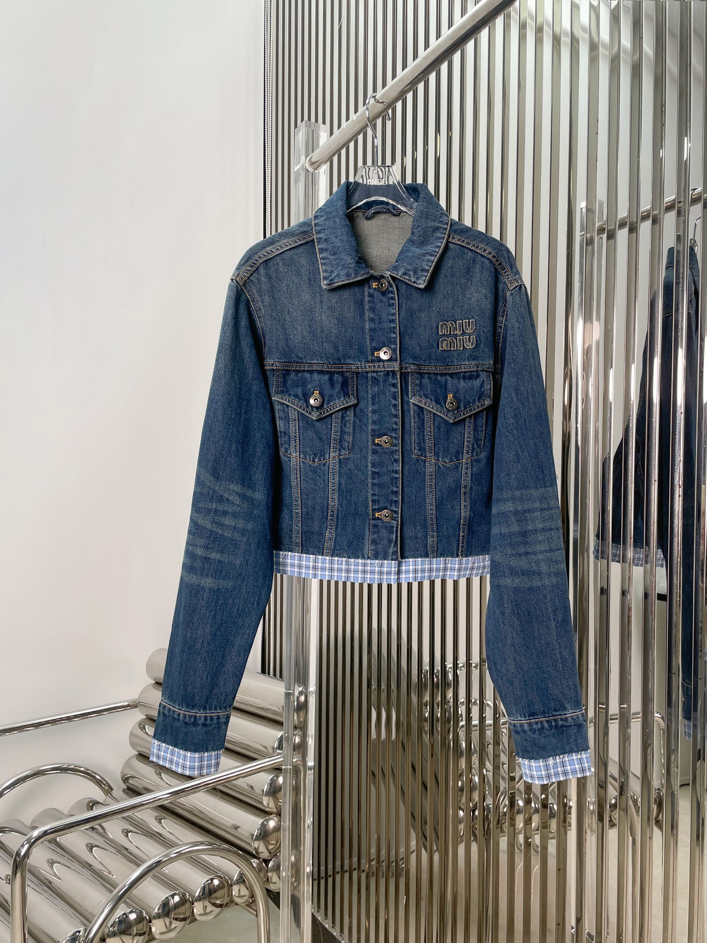 미우미우 플레드 패치워크 데님 자켓