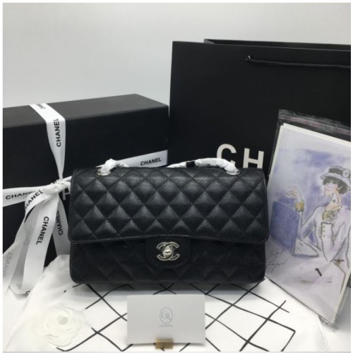 샤넬 클래식 미디움 캐비어 블랙 은장