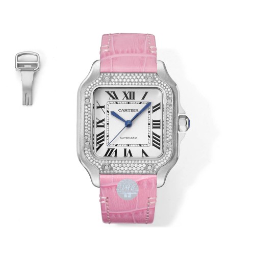 까르띠에 산토스 드 까르띠에 워치 미디엄 핑크스트랩 다이아 35.1mm
