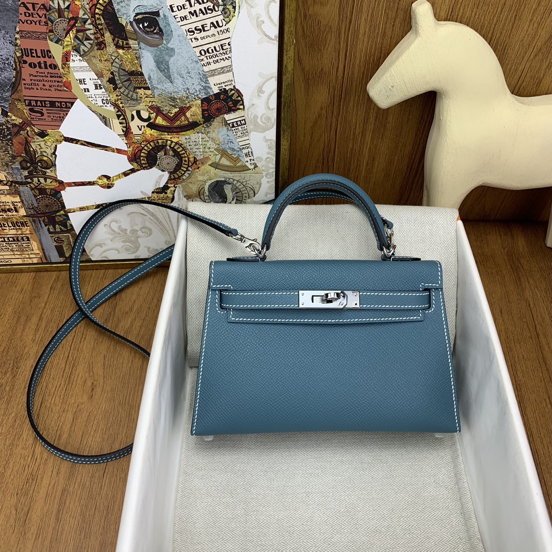 에르메스 미니 켈리백19 데님블루 은장 앱송