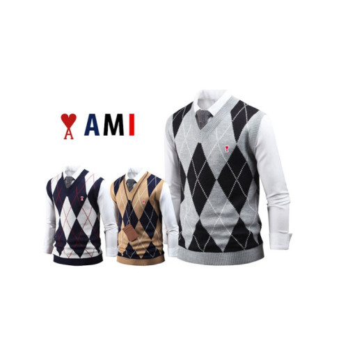 AMI 아미 미니패치 아가일 니트 조끼